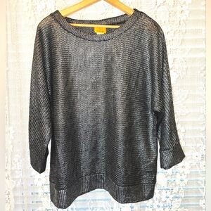 Ruby Rd., Silver And Black Metallic Mesh Knit, 3/4 Sleeve, Womens Blouse Medium